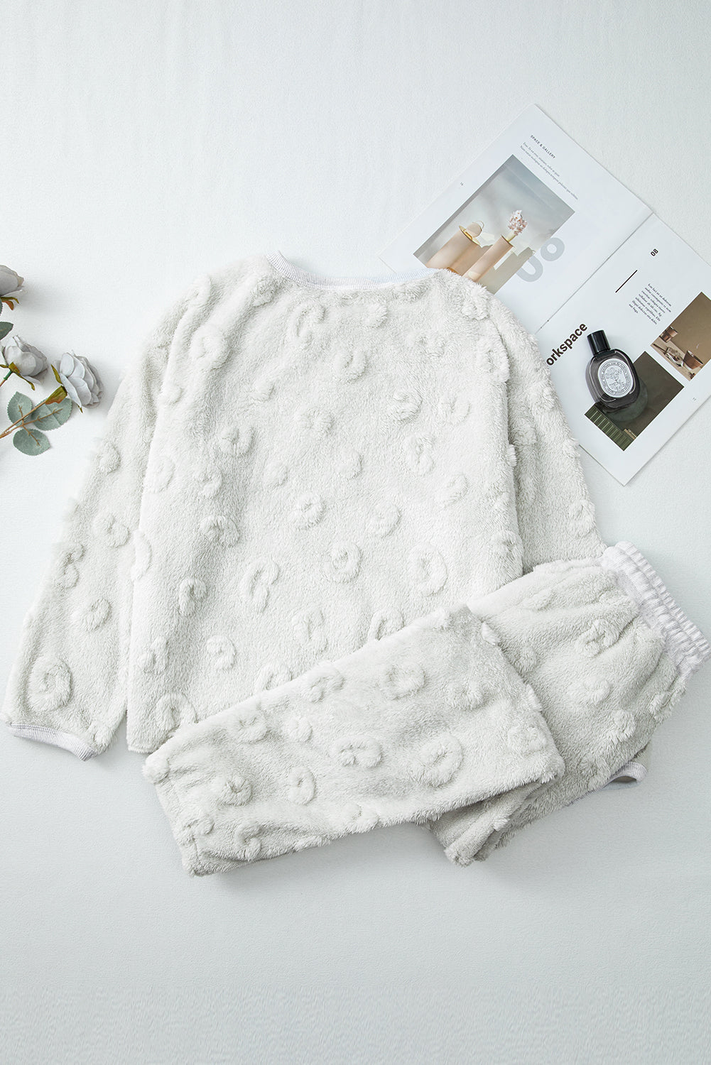 Light Grey Textured Leopard Fleece Loose Two Piece Lounge Set