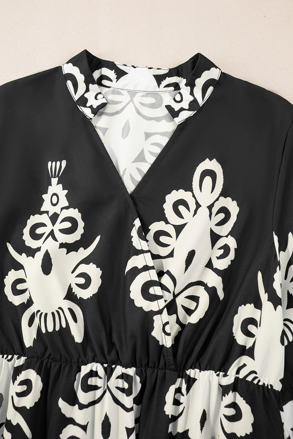 Orange Vintage Geometric Printed 3/4 Sleeve V Neck Blouse