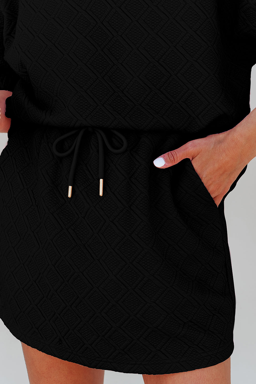 White Textured Jacquard Colorblock Edge Puff Sleeve Quarter Zip Mini Dress