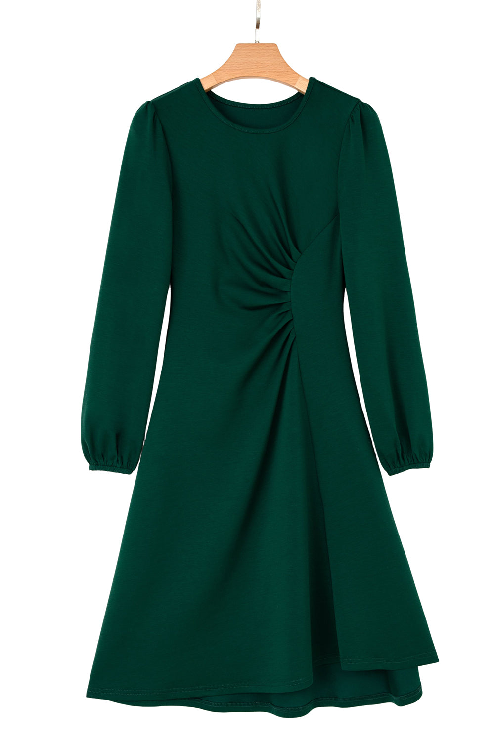 Fiery Red Solid Color Ruched Detail Long Sleeve Midi Dress