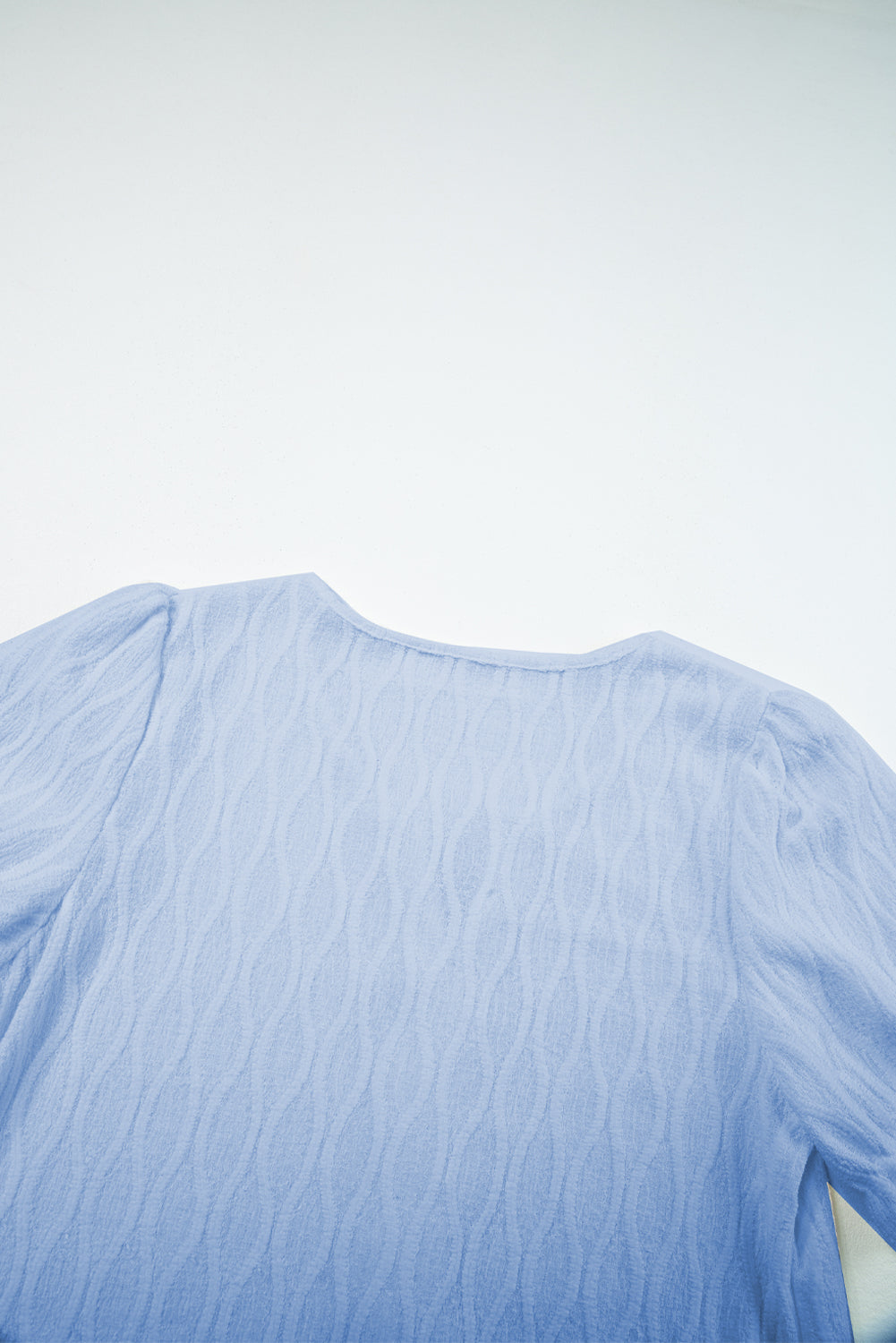 Beau Blue Solid Color Textured Notched Neck Puff Sleeve Blouse