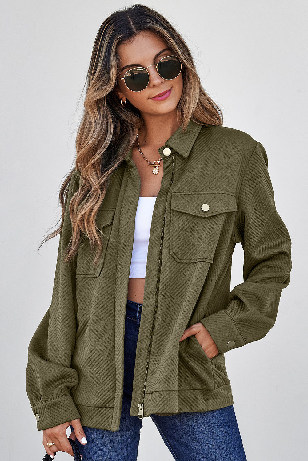 Coffee Solid Color Zip Up Button Flap Pocket Shirt Collar Jackets