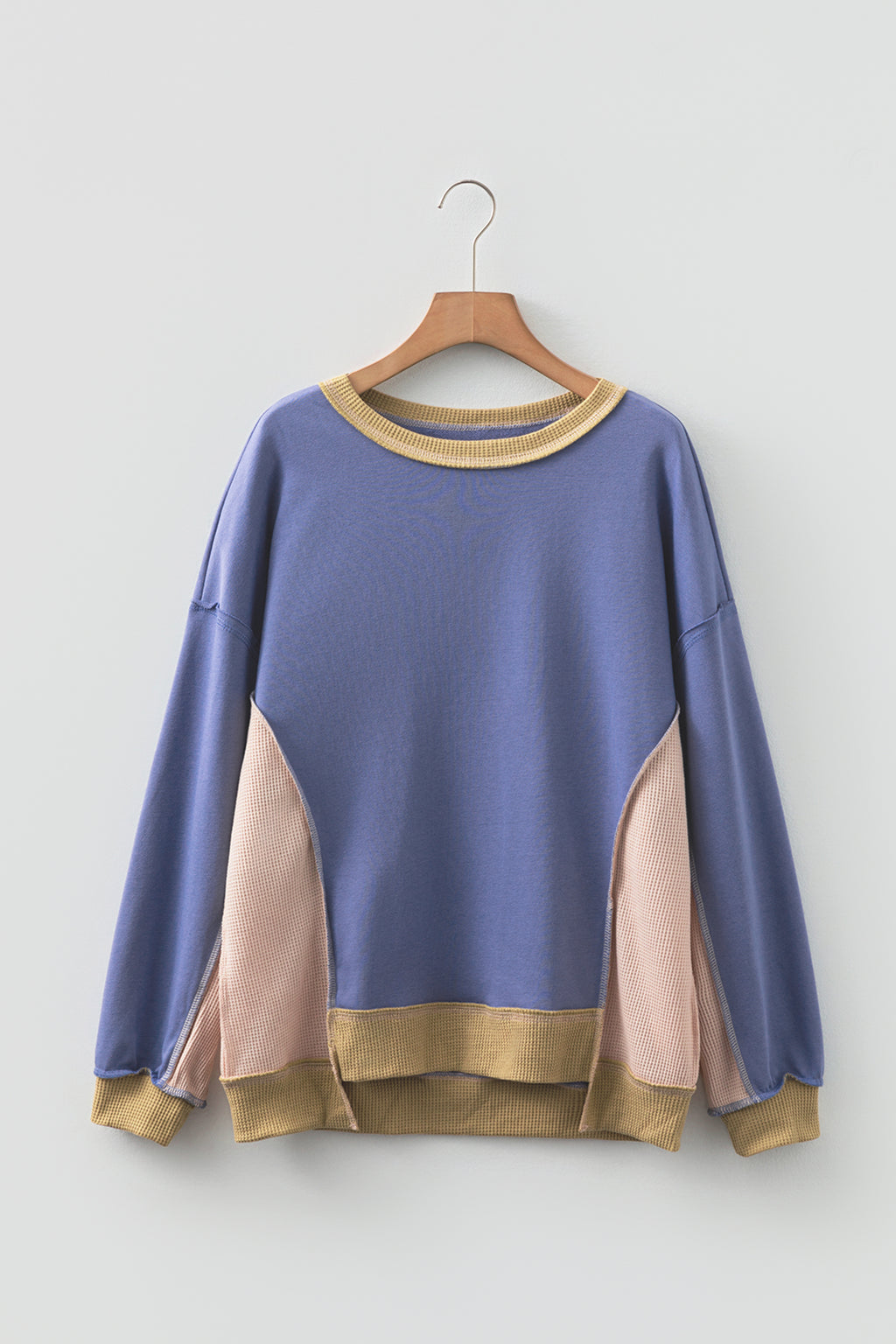 Light Pink Color Block Mix Texture Waffle Patchwork Oversize Sweatshirt