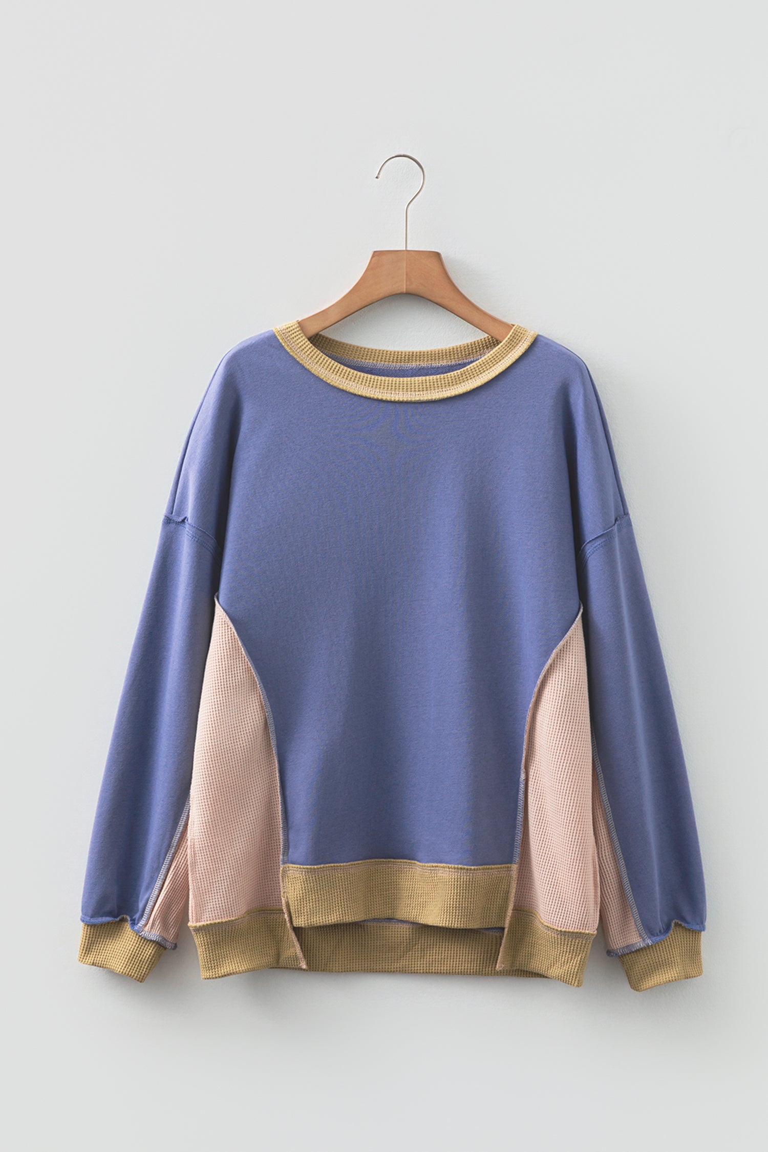 Light Pink Color Block Mix Texture Waffle Patchwork Oversize Sweatshirt