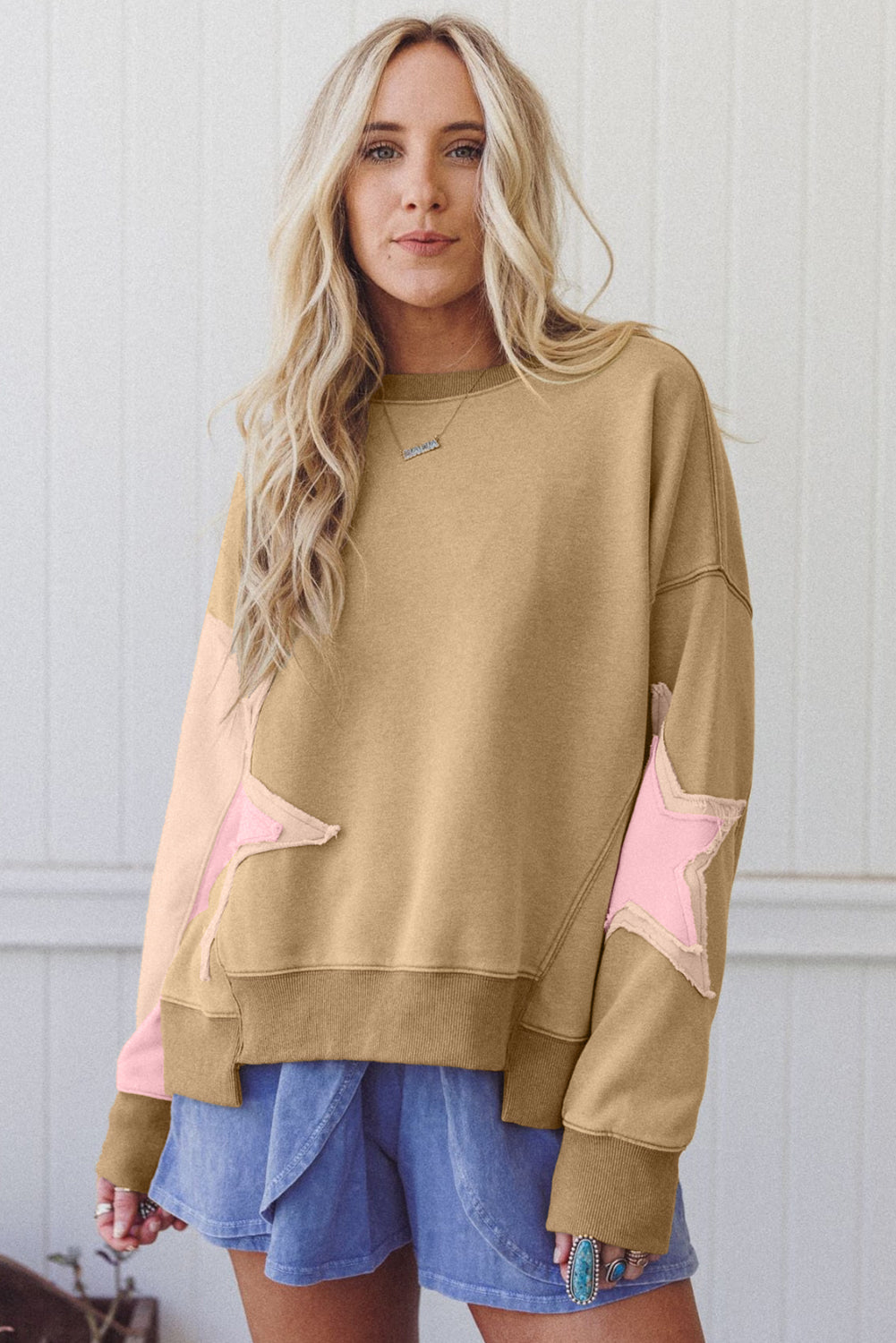 Rose Pink Contrast Star Patchwork Exposed Seam Uneven Hem Drop Shoulder Sweatshirt