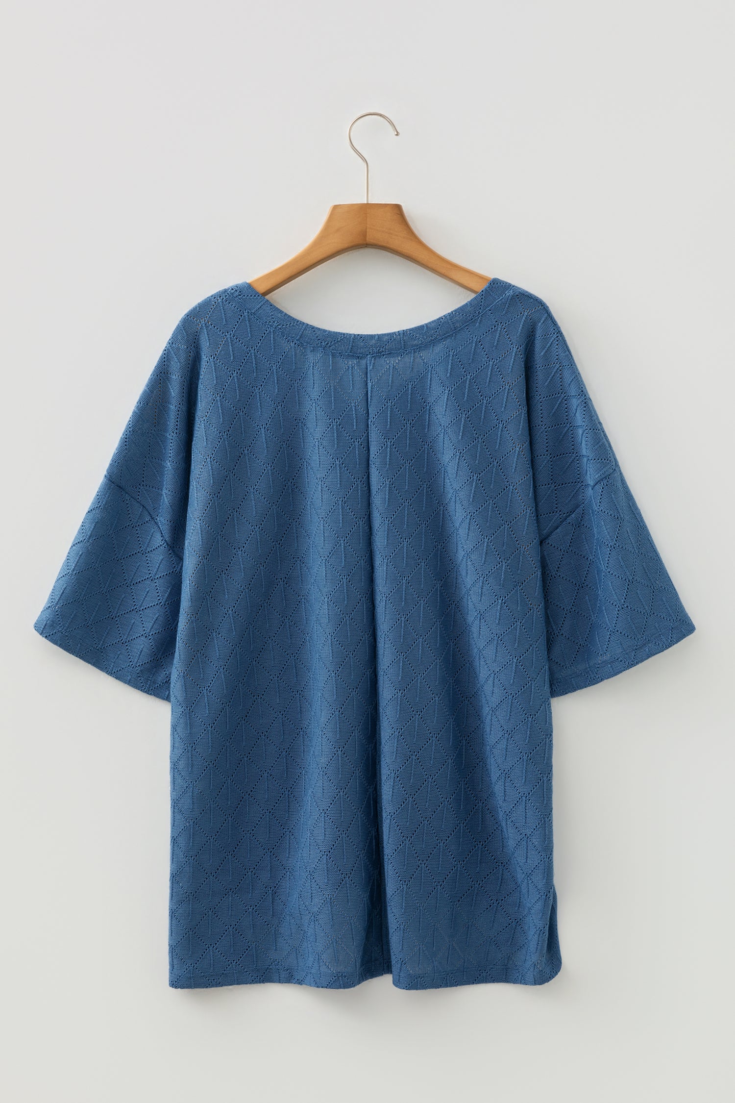 White Pointelle Rhombus Knit Plus Size V Neck Loose Top
