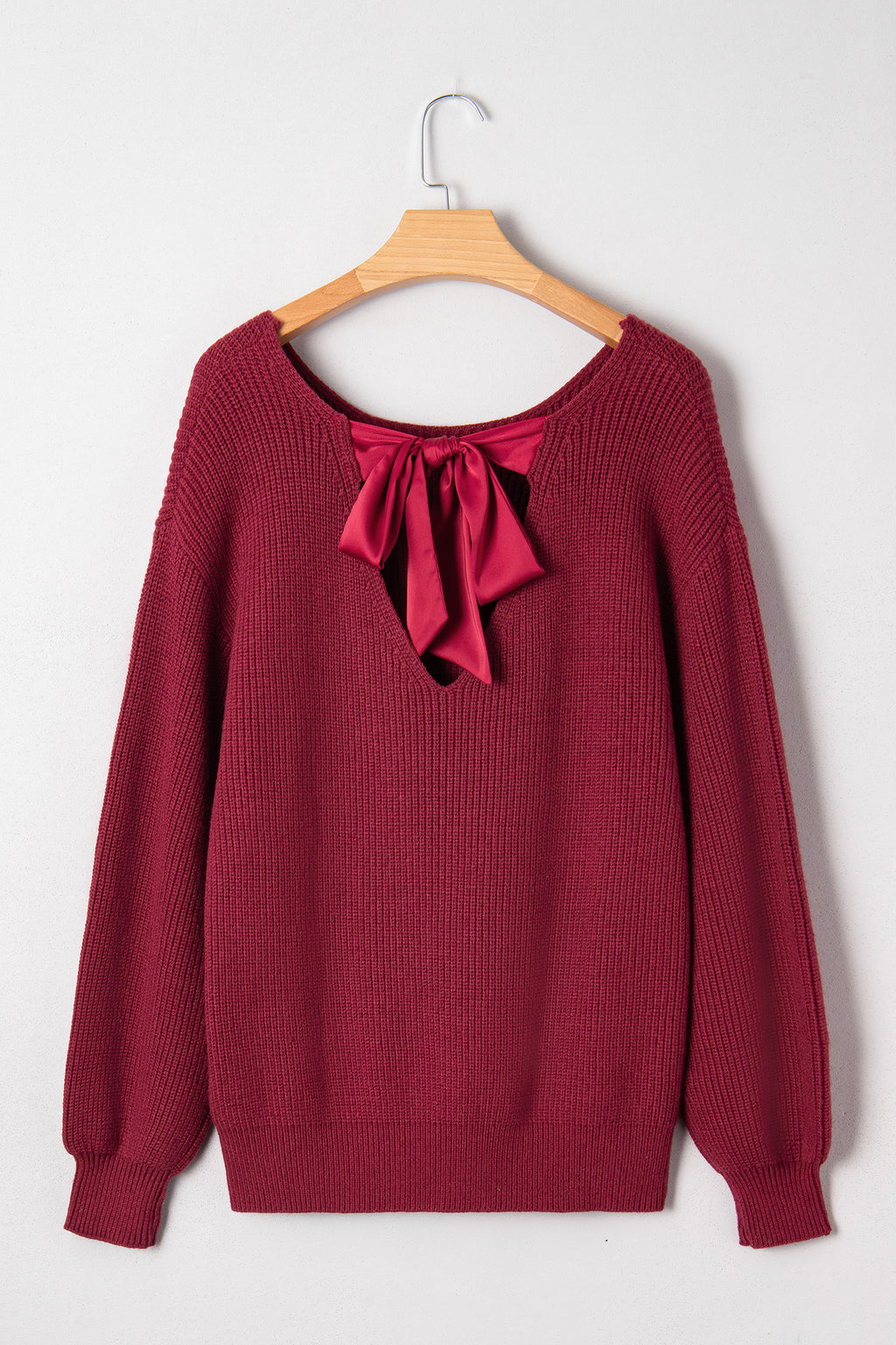 Black Ribbed Knit Ribbon Knot Backless Drop Shoulder Sweater