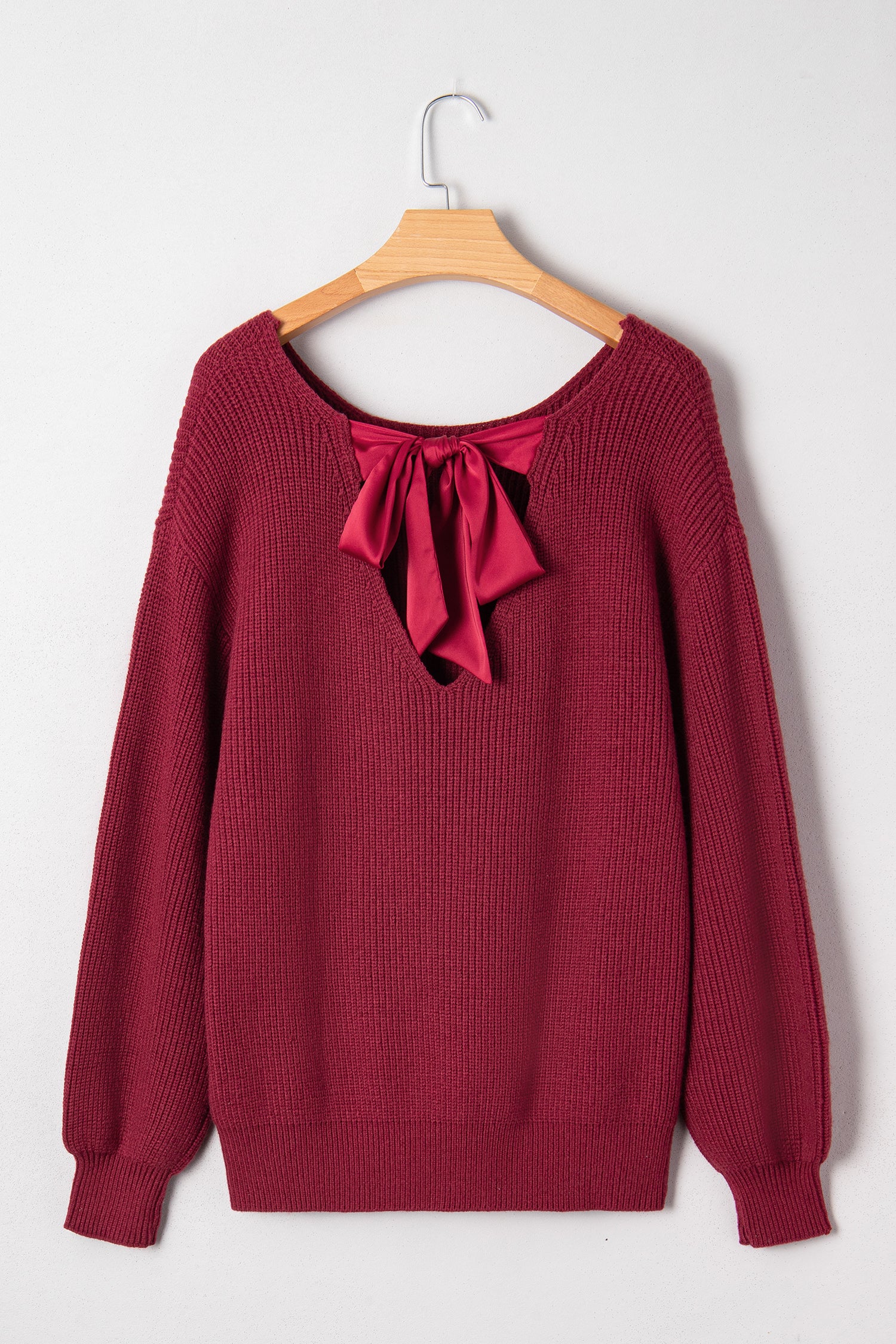 Black Ribbed Knit Ribbon Knot Backless Drop Shoulder Sweater