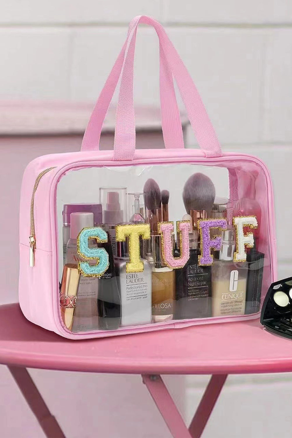 Light Pink TRAVEL Chenille Letter Clear PVC Makeup Bag