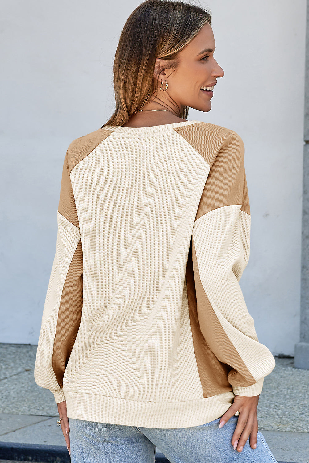White Color Block Waffle High Low Raglan Sleeve Sweatshirt
