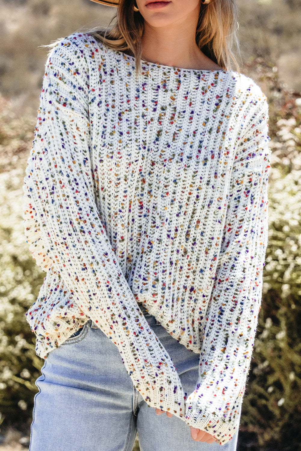 White Confetti Rib Knit Long Sleeve Cardigan