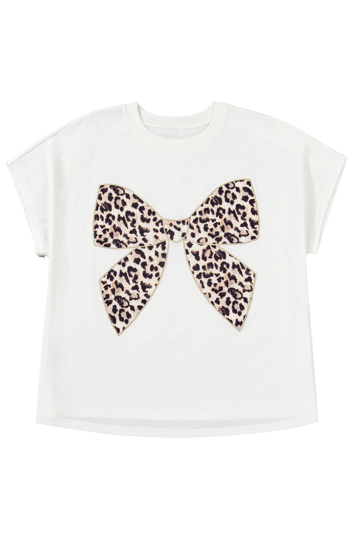 Pink Leopard Bow Embroidered Cotton Round Neck T Shirt
