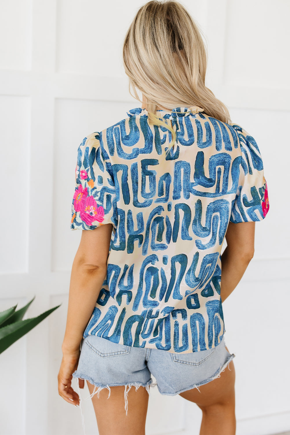 Beige Abstract Print Bubble Sleeve Button up Mini Dress