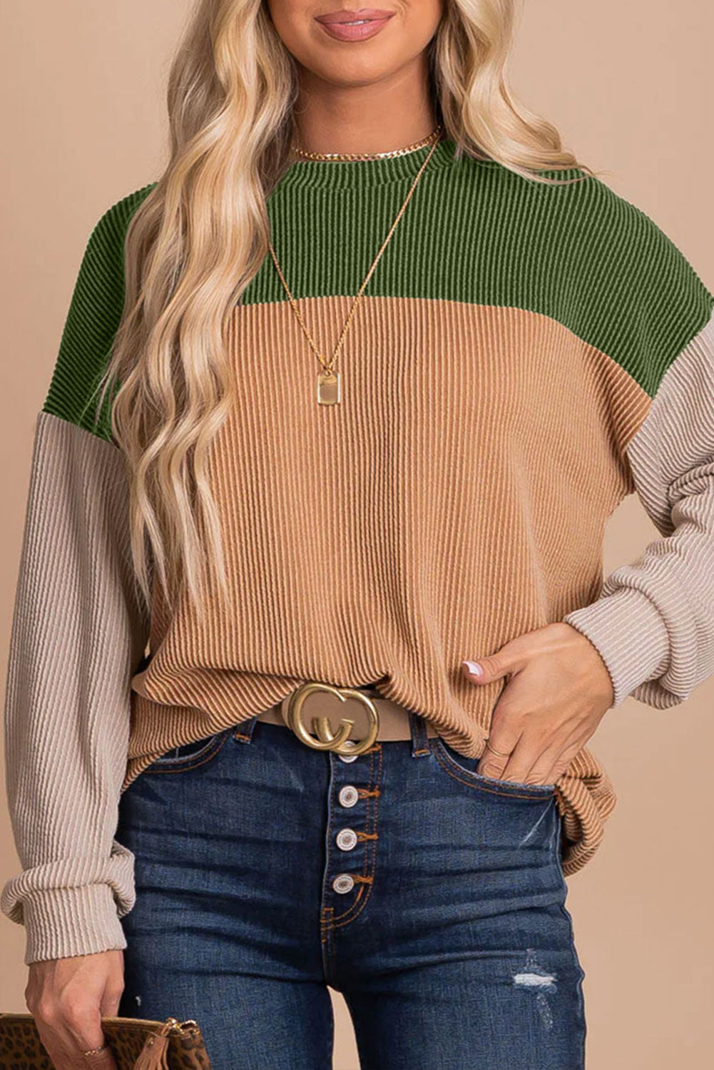 Pale Chestnut Color Block Corded Long Sleeve Top