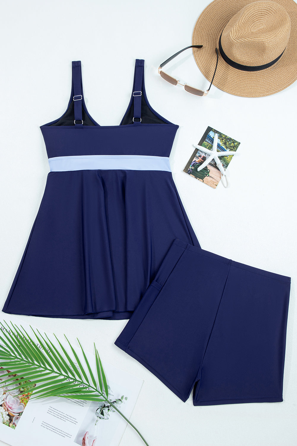 Rose Red Color Block Patchwork Bow Knot Detail Sleeveless Swim Dress