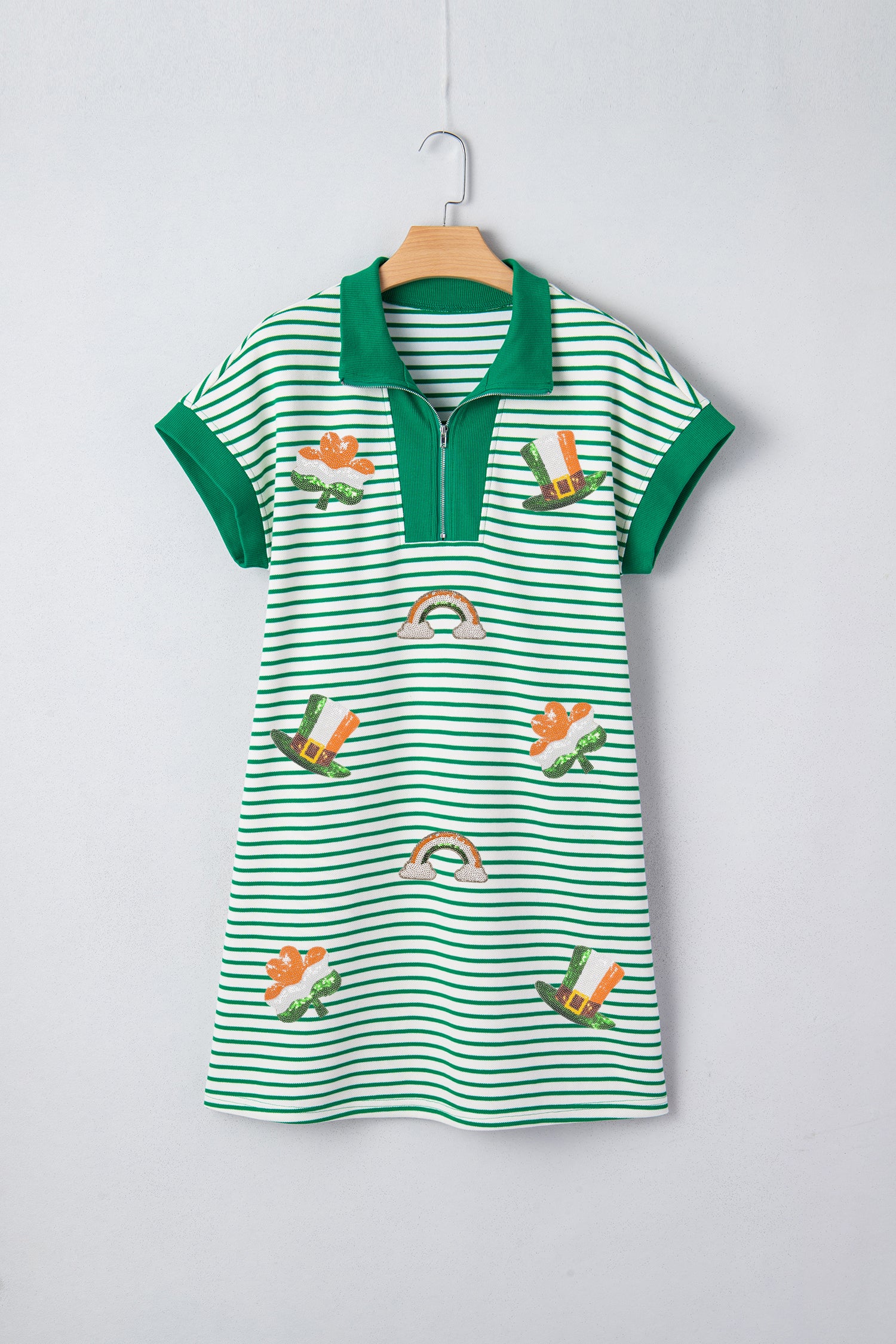 Green Stripe Magic St Patricks Day Sequin Graphic Zip Polo Tee Dress