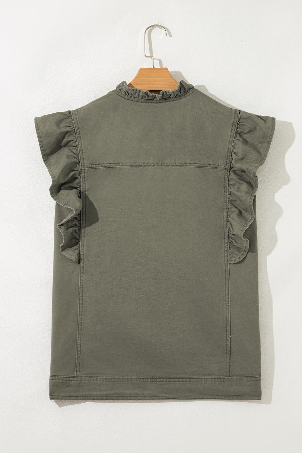 Pale Khaki Ruffled Patchwork Denim Jacket Vest