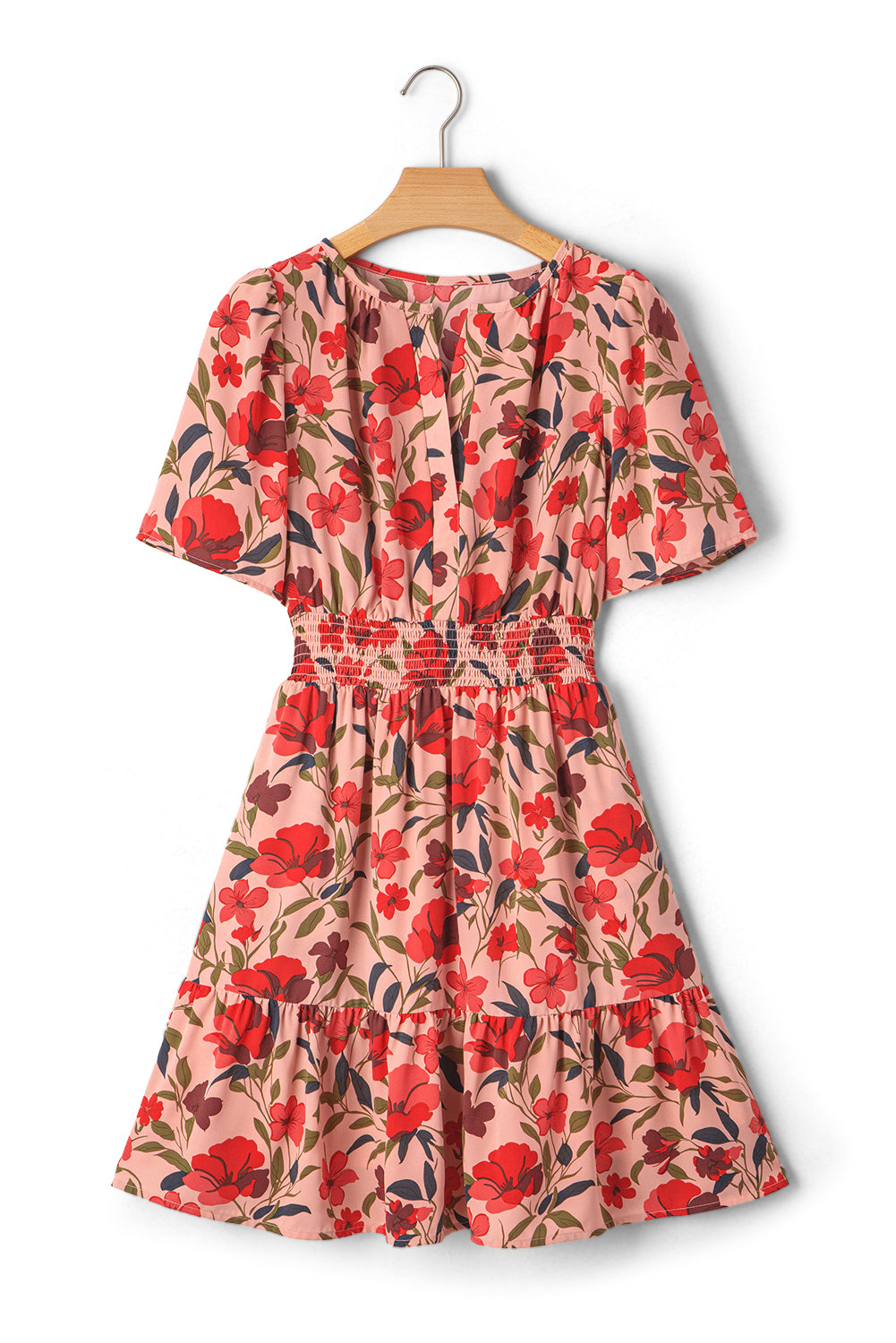 Black Floral Print Wrap V Neck Short Sleeve High Waistband Mini Dress