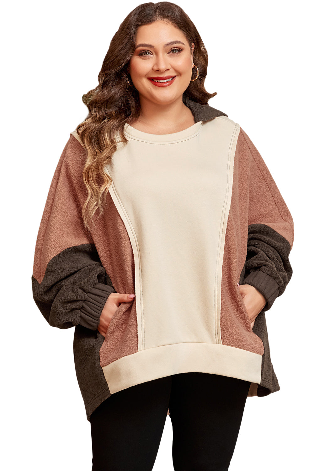 Beige Oversized Color Block Patchwork High Low Hoodie