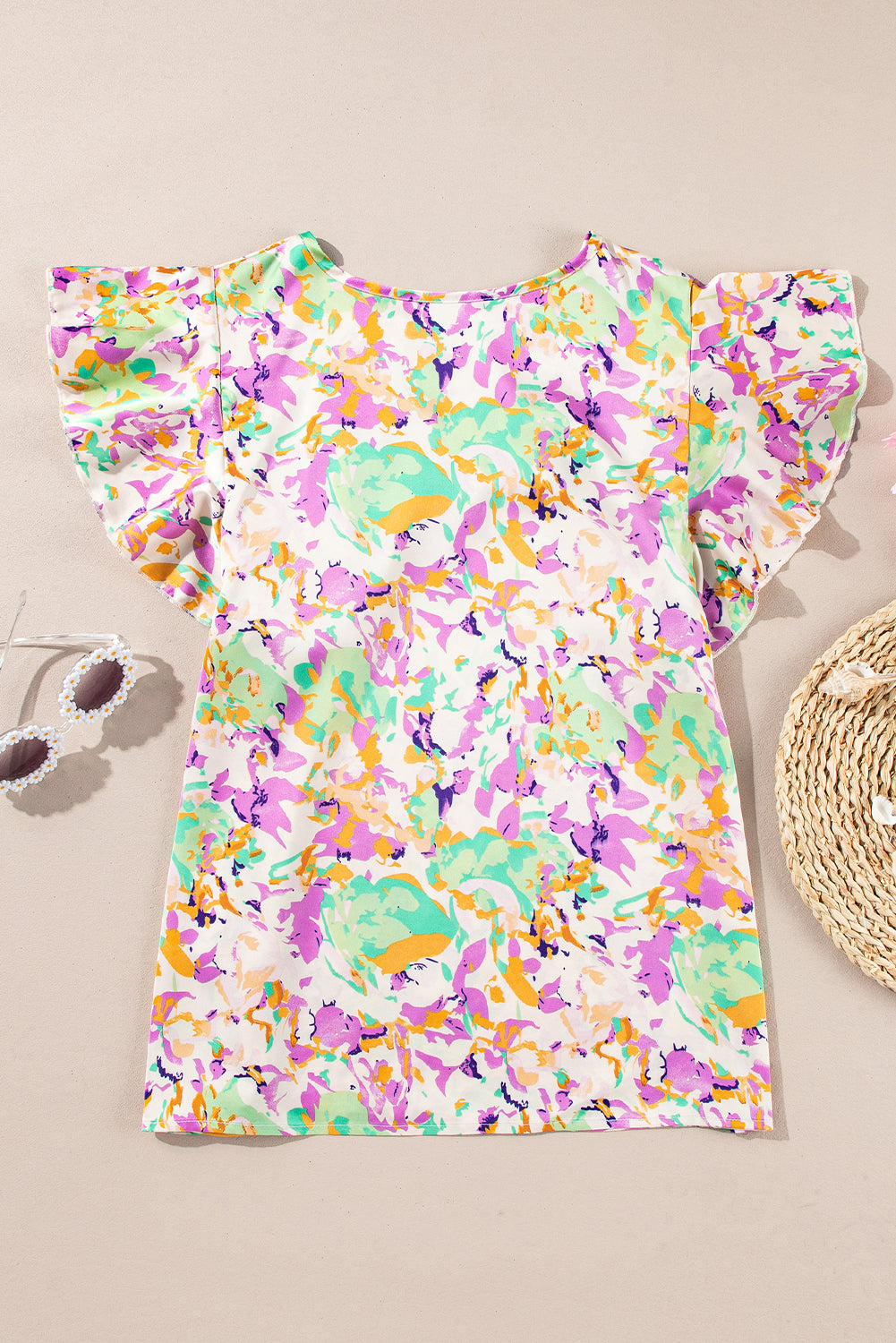 Purple Abstract Printed Ruffled Short Sleeve Notched Neck Blouse