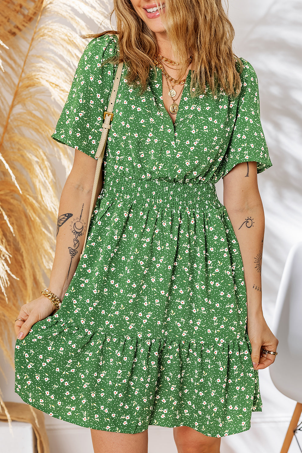 Black Floral Print Wrap V Neck Short Sleeve High Waistband Mini Dress