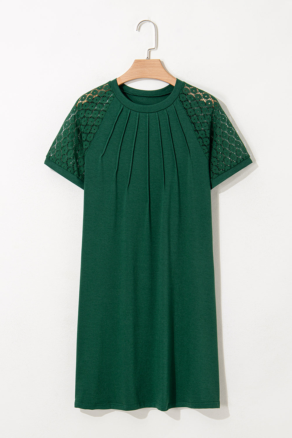 Navy Blue Contrast Lace Raglan Sleeve Pleated Detail Shift Dress