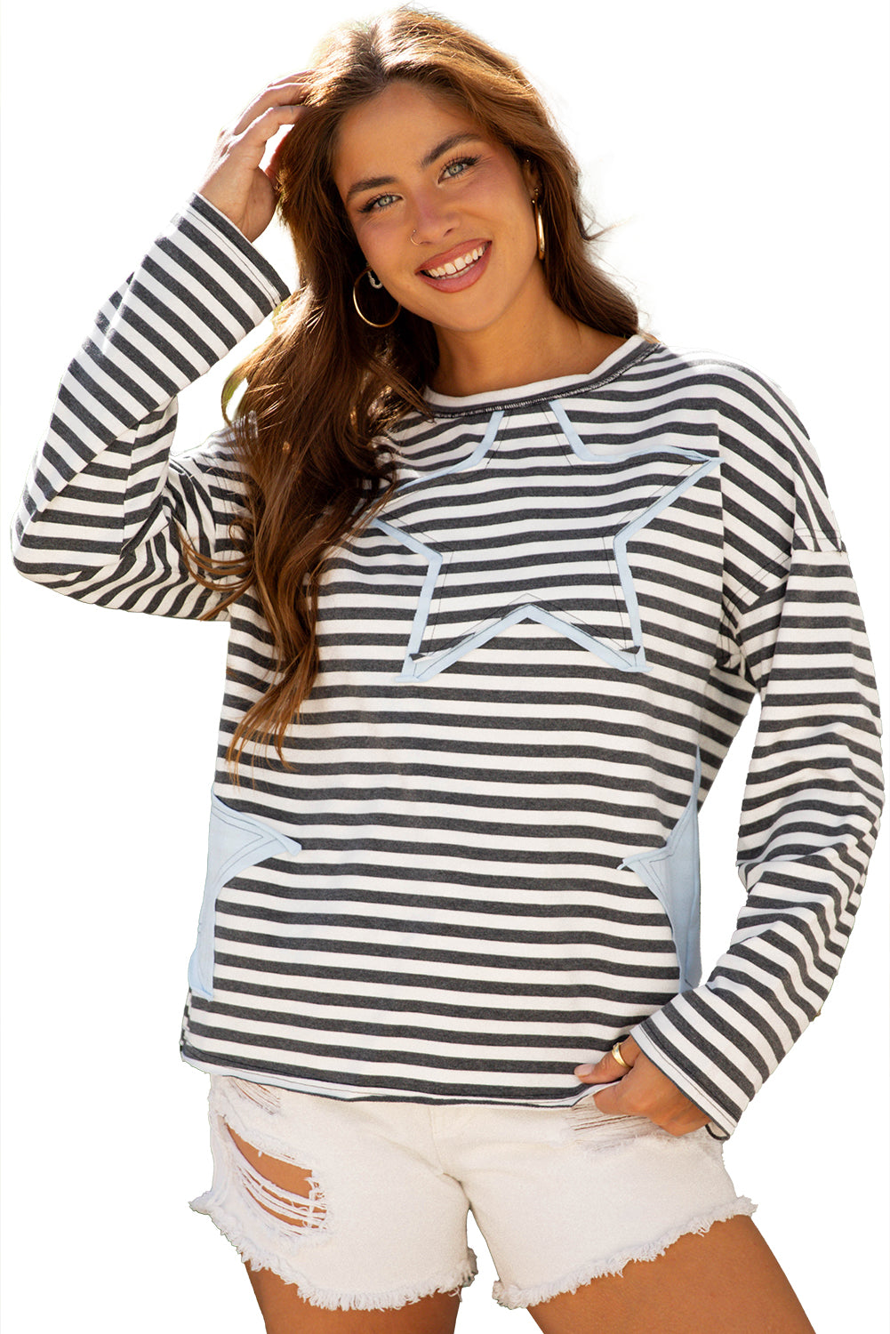 Gray Stripe Contrast Star Stitched Plus Size Long Sleeve Top