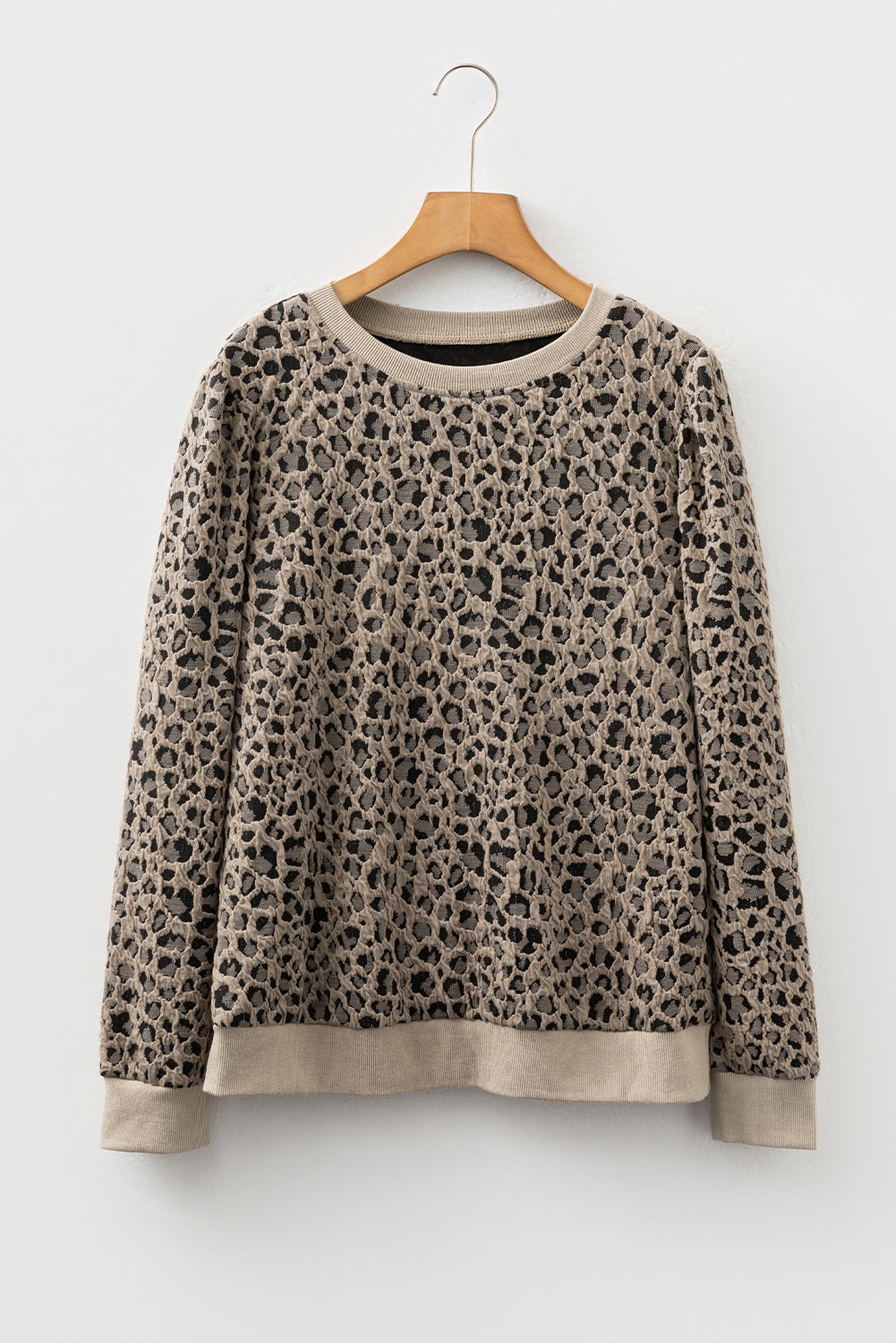 Khaki Leopard Textured Ribbed Trim Plus Size Long Sleeve Top