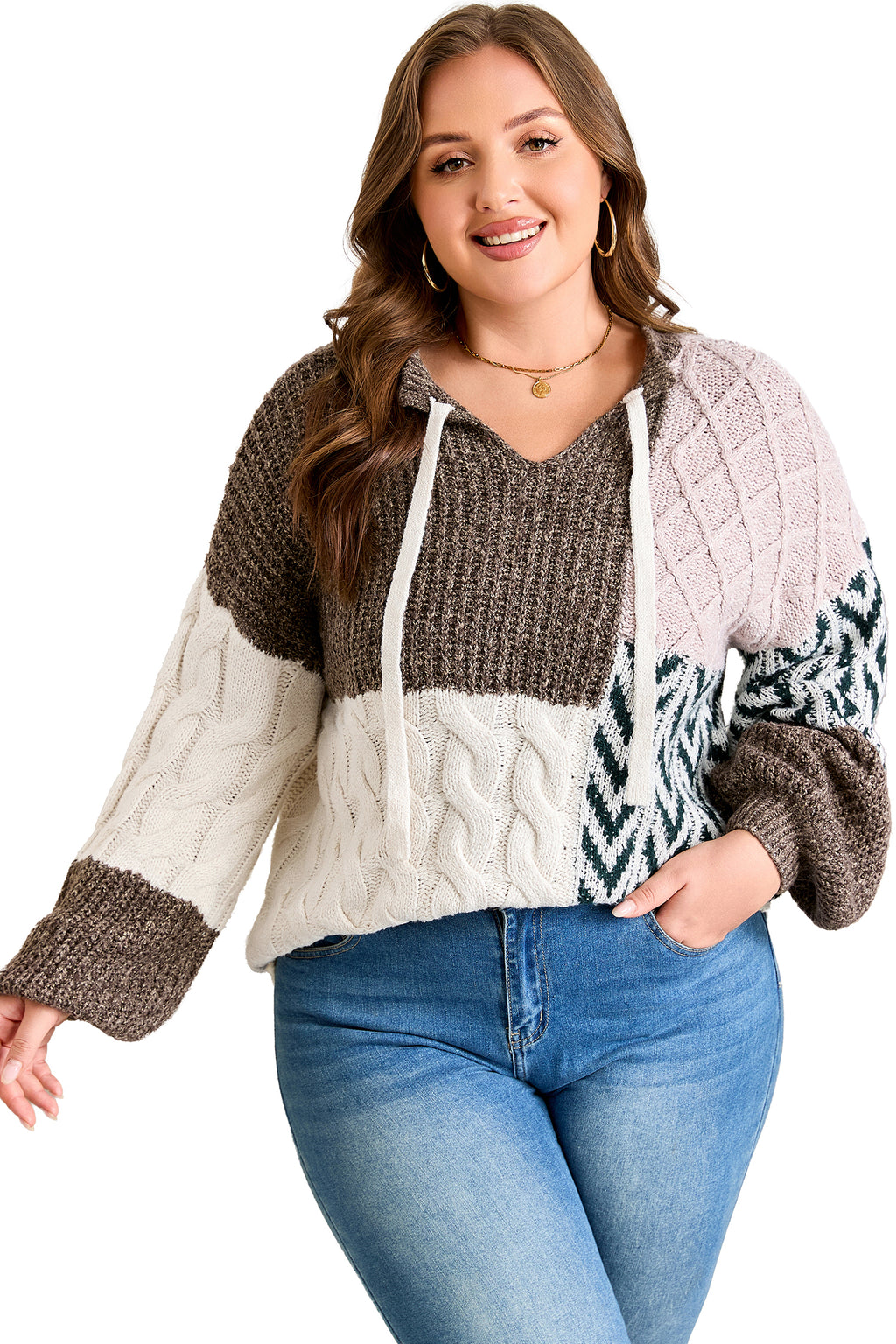 Brown Color Block Patchwork Knotted Back Loose Fit Sweater