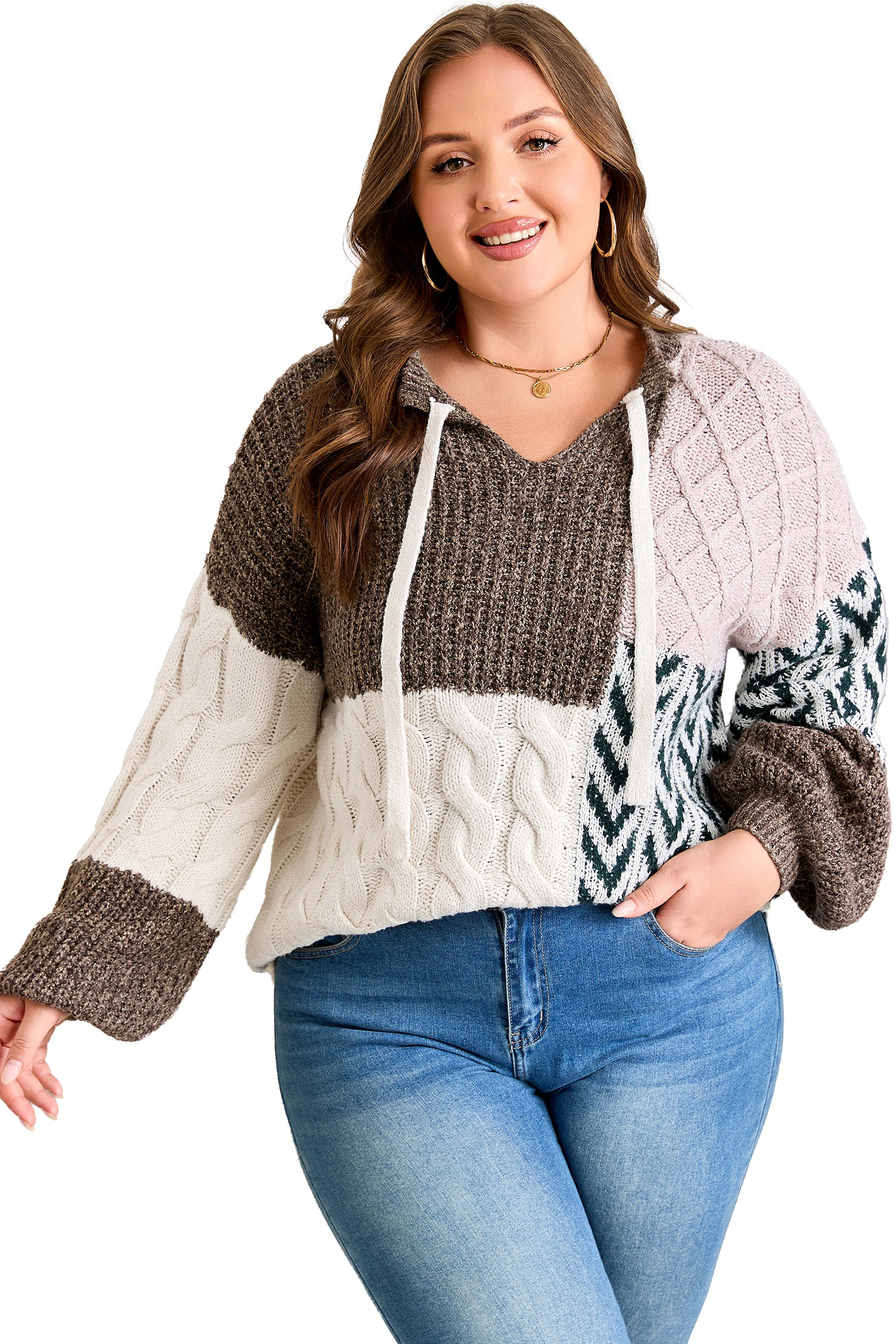 Brown Color Block Patchwork Knotted Back Loose Fit Sweater