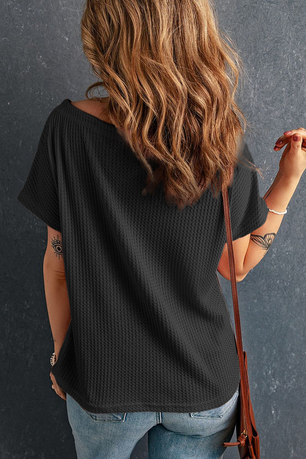 White Waffle Knit Boat Neck Short Sleeve Top