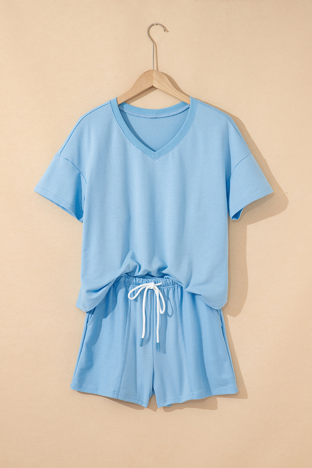 Mint Green V Neck Drop Shoulder Tee and Patchwork Drawstring Elastic Waistband Shorts Set