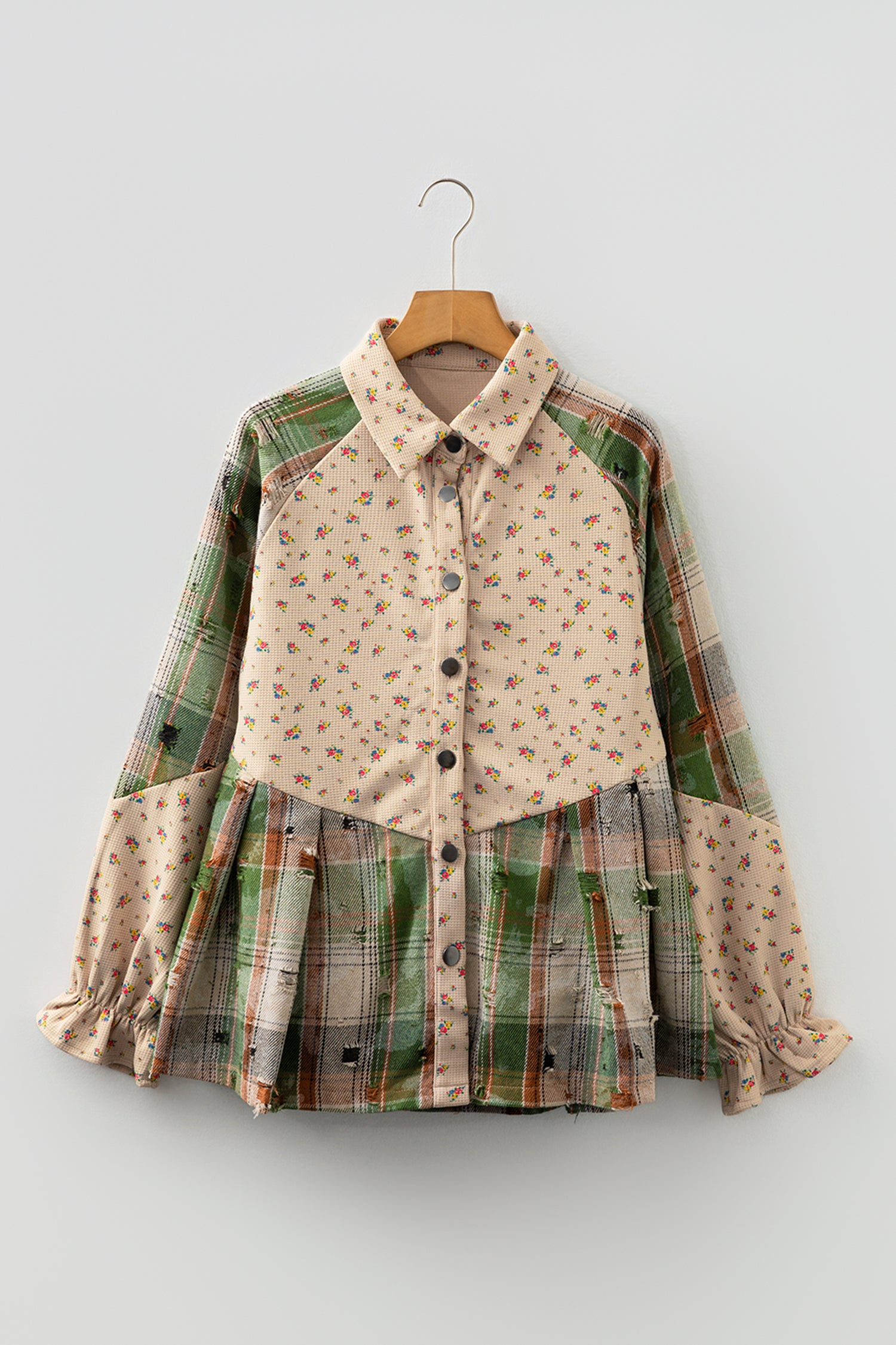Mist Green Boho Floral Plaid Patchwork Distressed Detail Ruffled Sleeve Waffle Knit Shacket