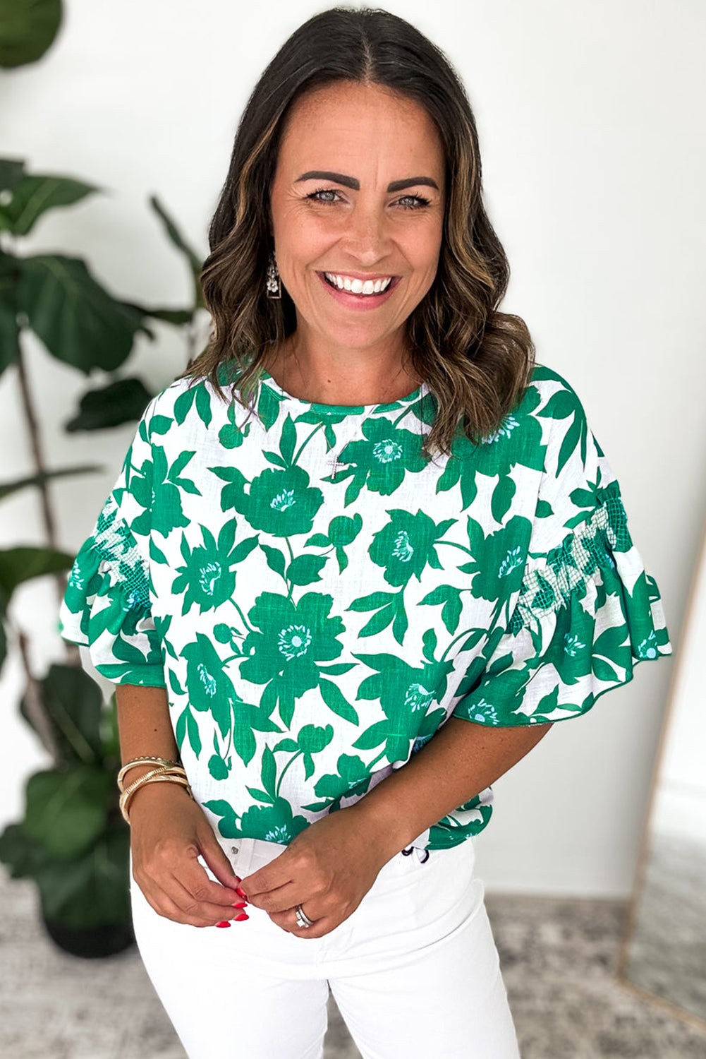 Pink Floral Printed Ruffled Short Sleeve Round Neck Loose Blouse