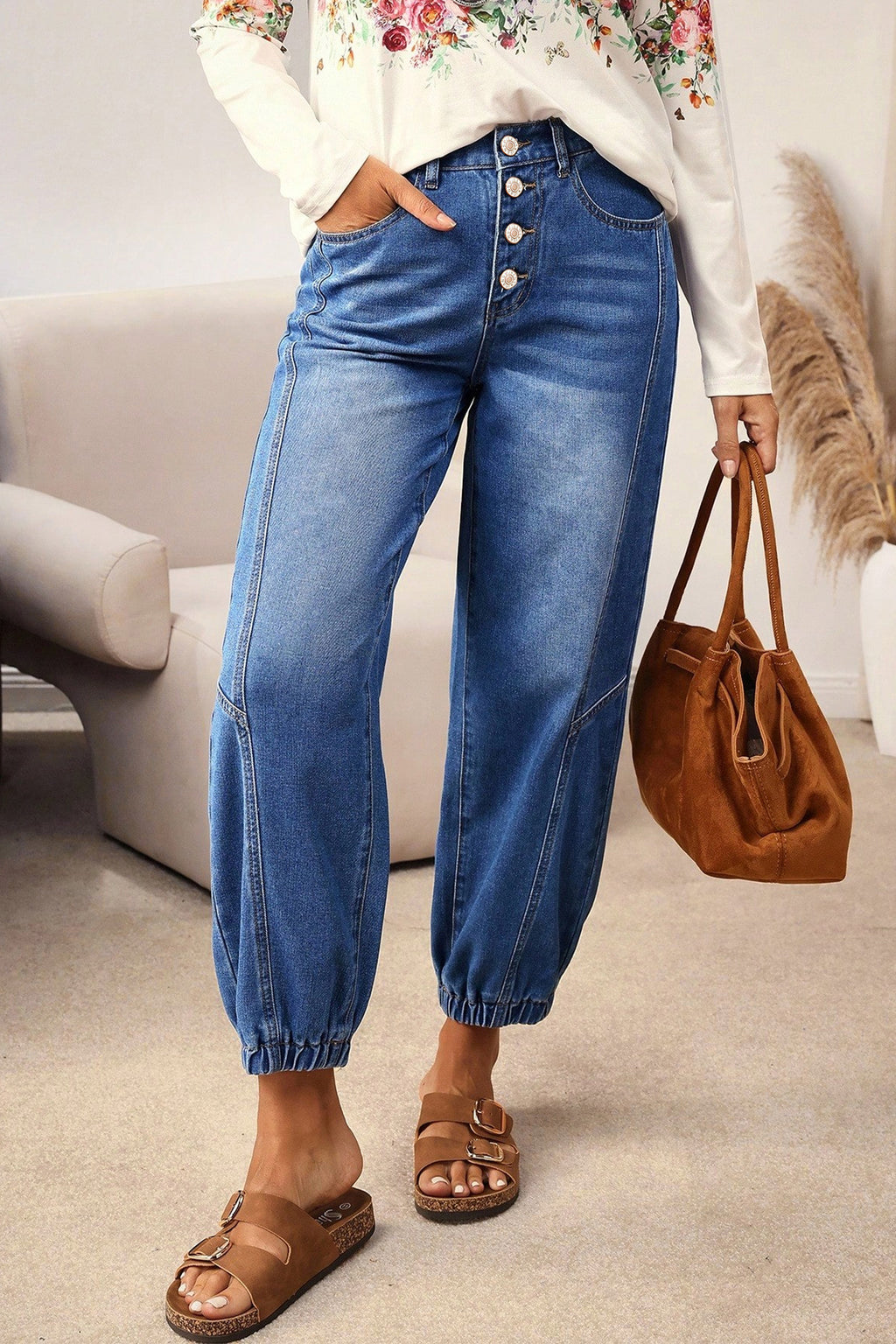 Dusk Blue Loose Straight Leg Cropped High Waist Jeans