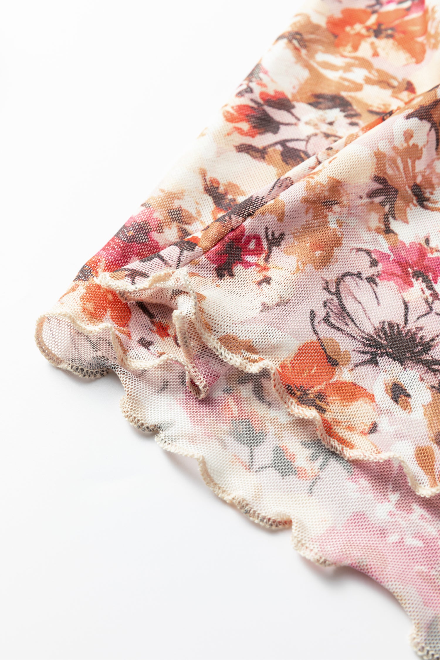 Red Lettuce Trim Floral Print Mesh Long Sleeve Top