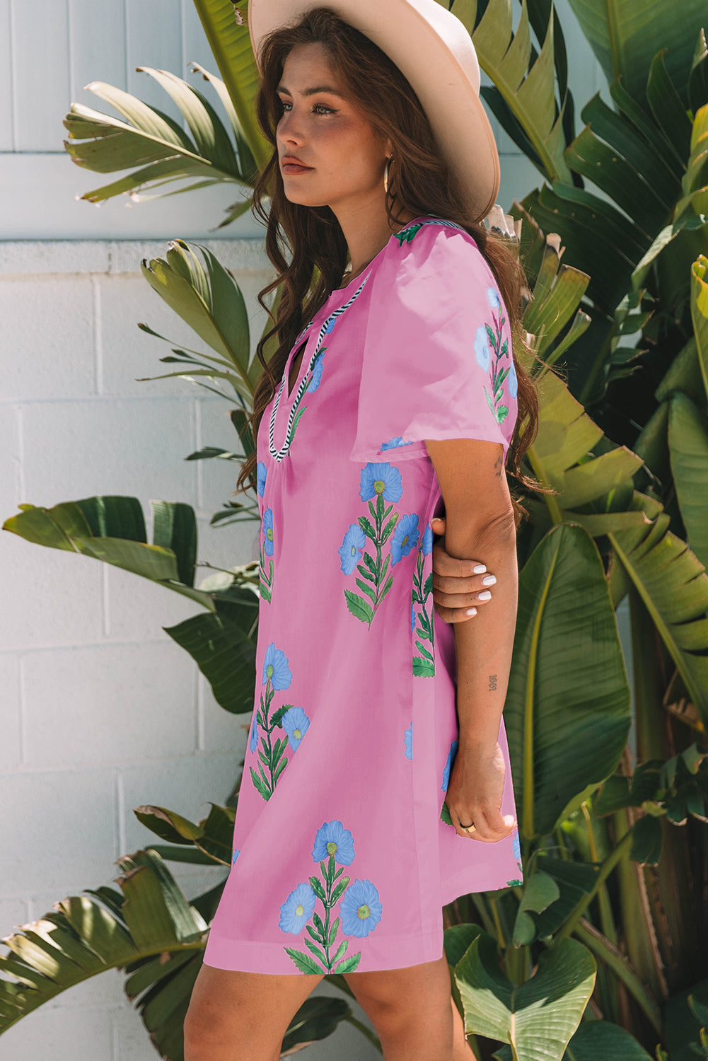 Apricot Floral Short Sleeve Split Neck Loose Mini Dress