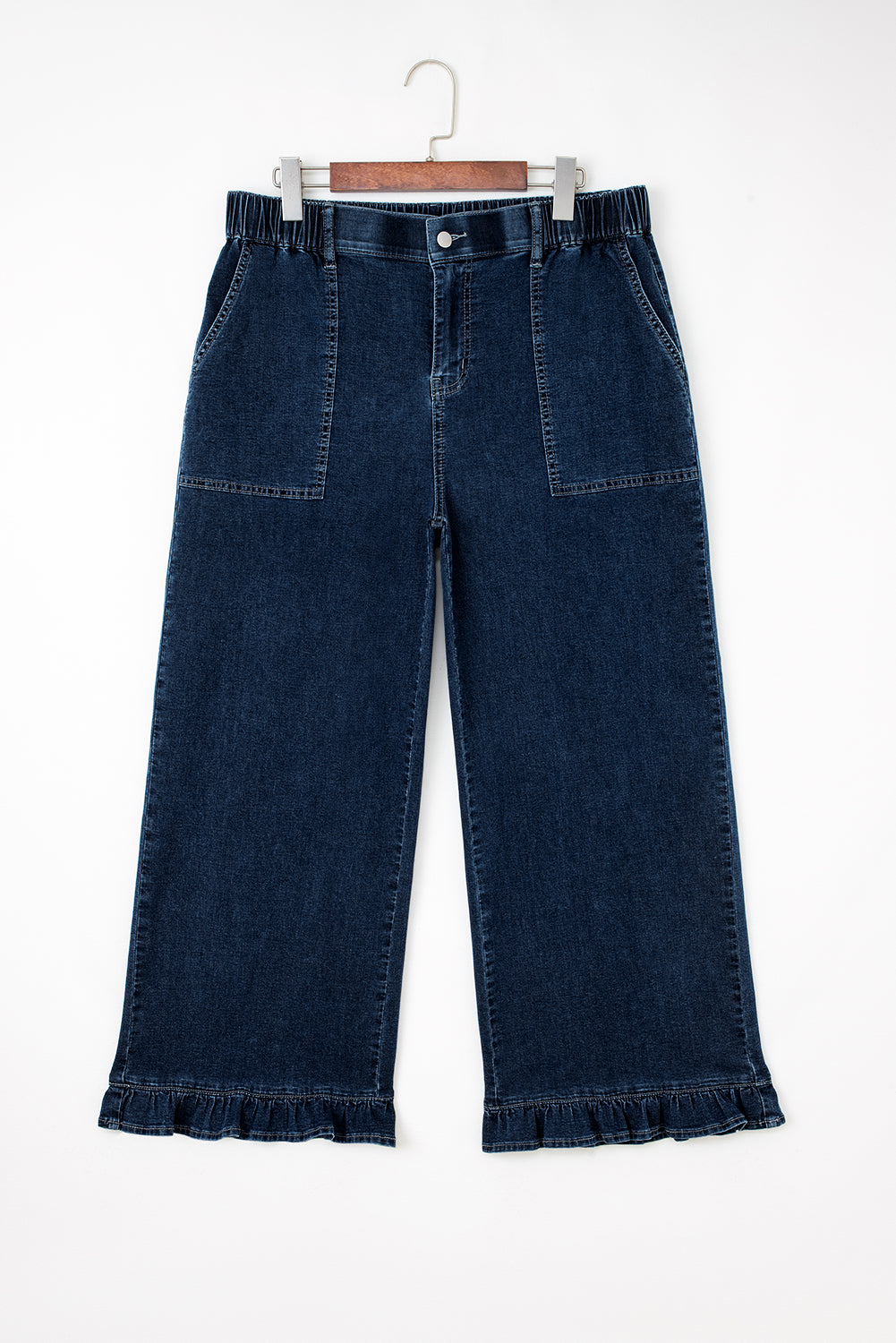 Black Plus Size Elastic Waist Ruffled Wide Leg Denim Pants