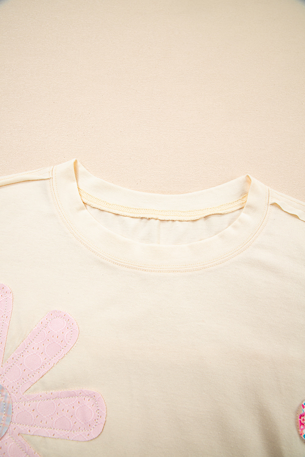 Apricot Flower Patched Exposed Stitching Trim Crew Neck Loose Tee