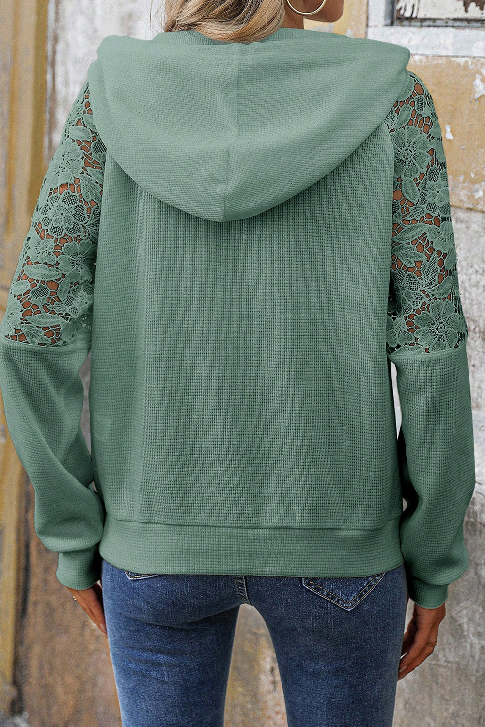 Gossamer Pink Lace Patchwork Raglan Sleeve Kangaroo Pocket Waffle Hoodie