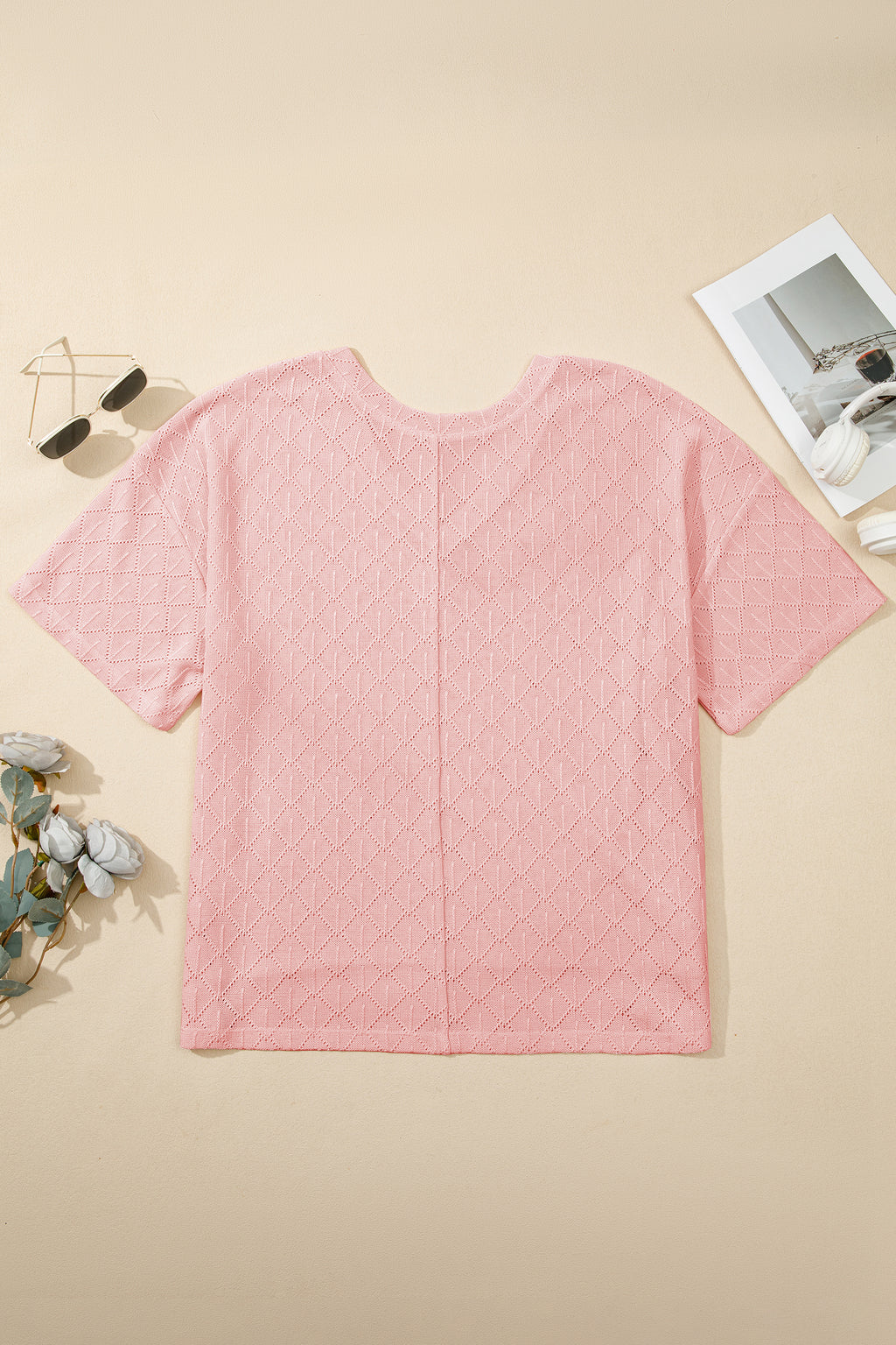 White Pointelle Rhombus Knit Plus Size V Neck Loose Top