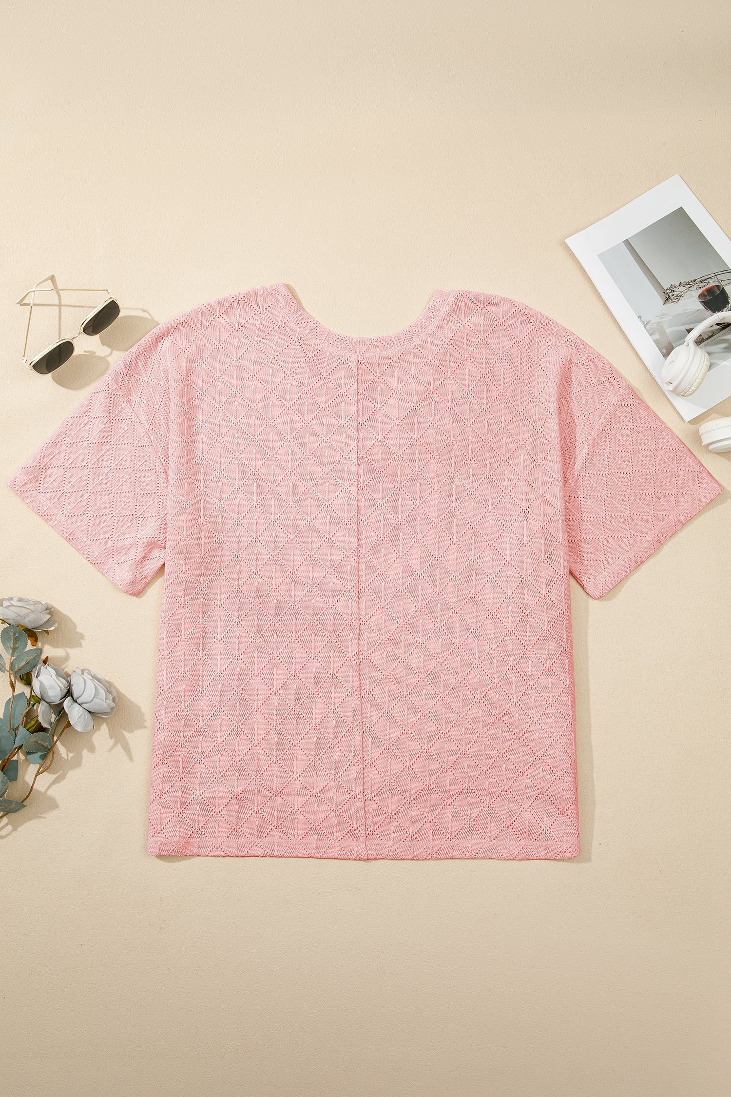 White Pointelle Rhombus Knit Plus Size V Neck Loose Top
