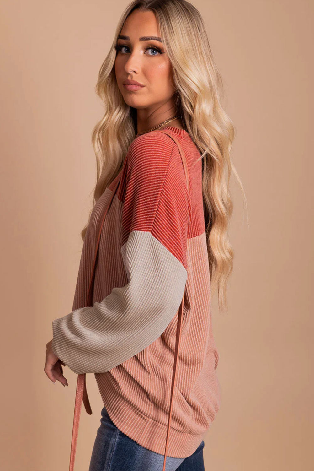 Pale Chestnut Color Block Corded Long Sleeve Top