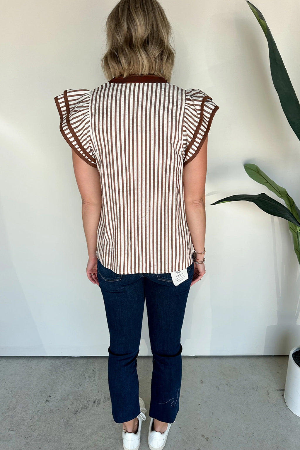 Brown Stripe Double Ruffled Short Sleeve Contrast Trim V Neck Midi Dress