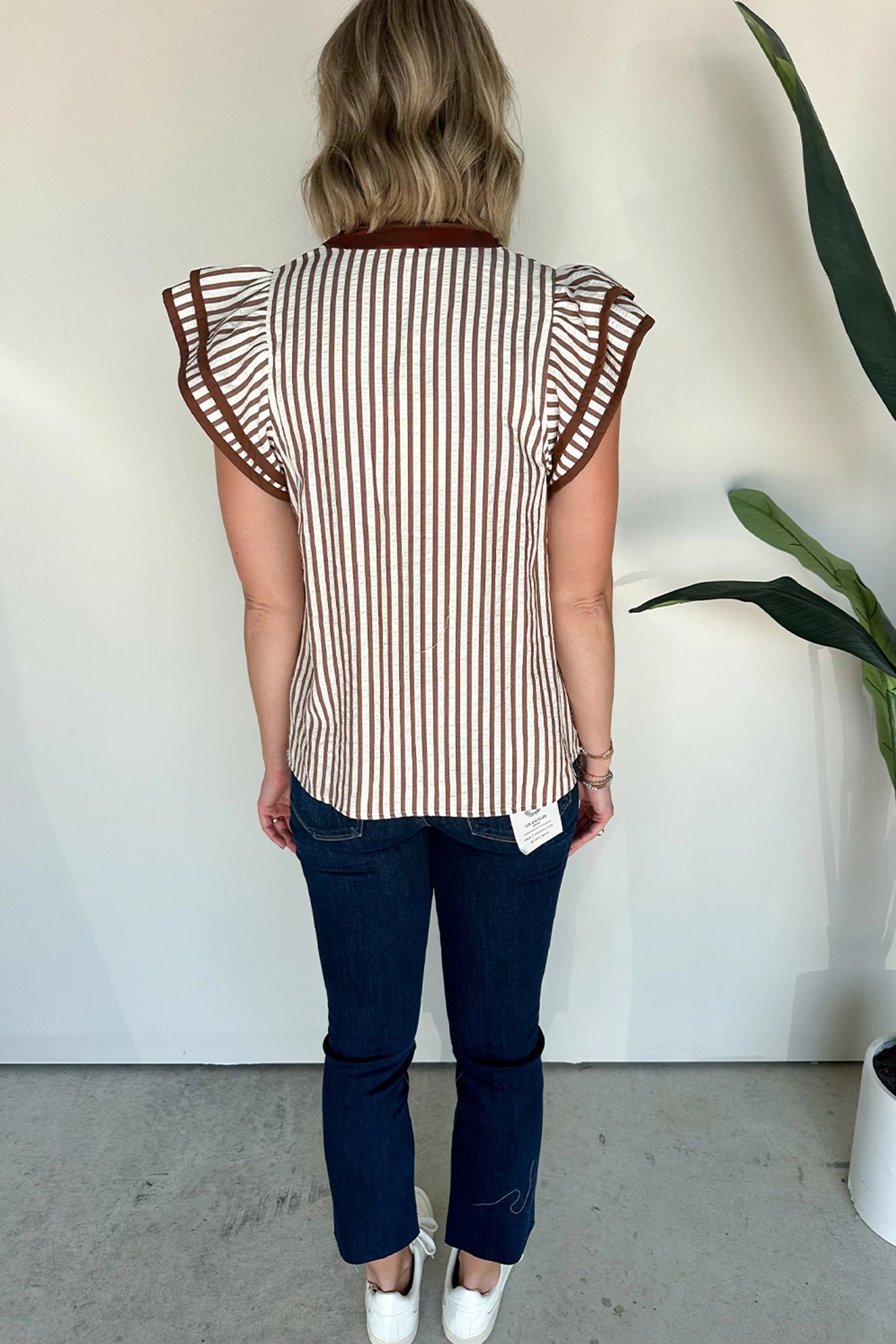 Brown Stripe Double Ruffled Short Sleeve Contrast Trim V Neck Midi Dress