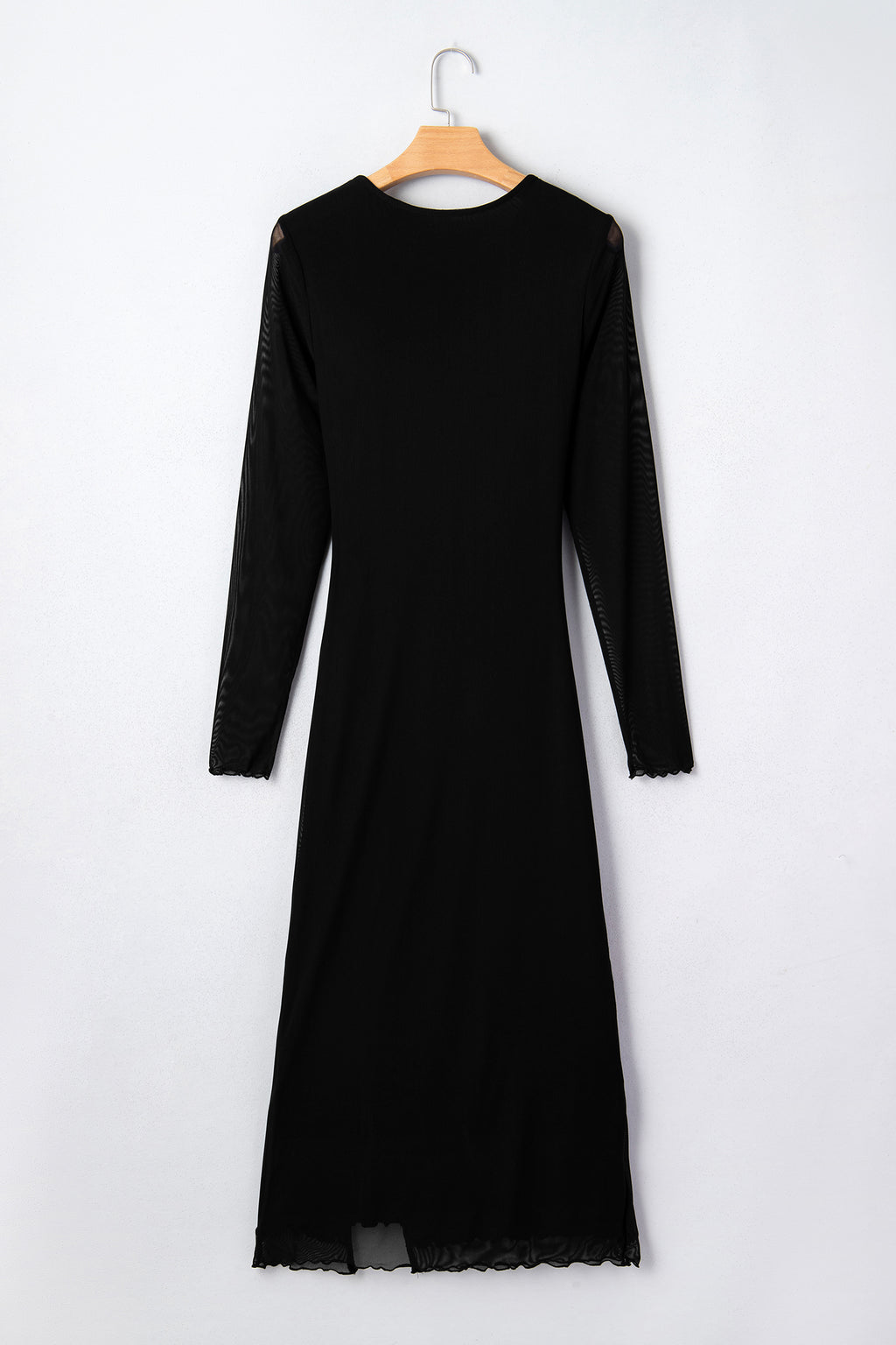 Black Sheer Mesh Long Sleeve Twisted Knot Side Slit Midi Dress