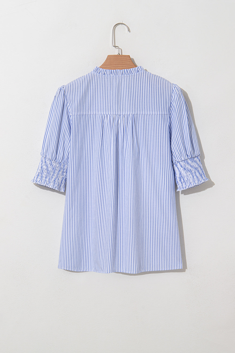 Gray Stripe Shirred Detail V Neck Puff Half Sleeve V Neck Blouse