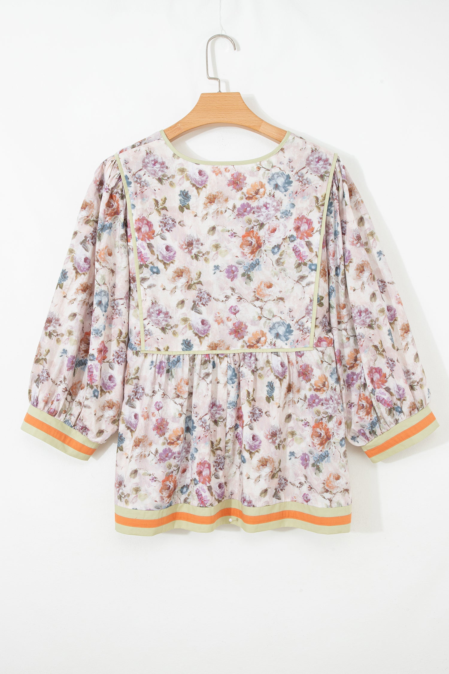 Black Plus Size Floral Print Contrast Trim Striped Detail Babydoll Blouse