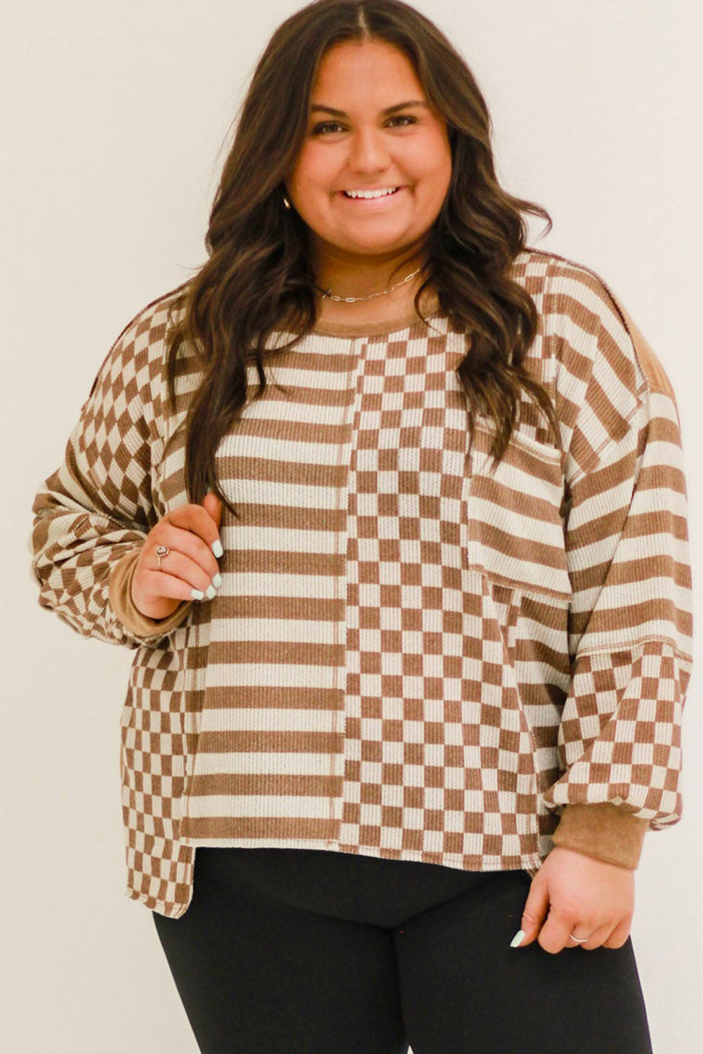 Khaki Checkerboard Striped Patchwork Lantern Sleeve Pocketed Blouse