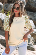 Beige Contrast Floral Bubble Sleeve Patchwork Ribbed Top